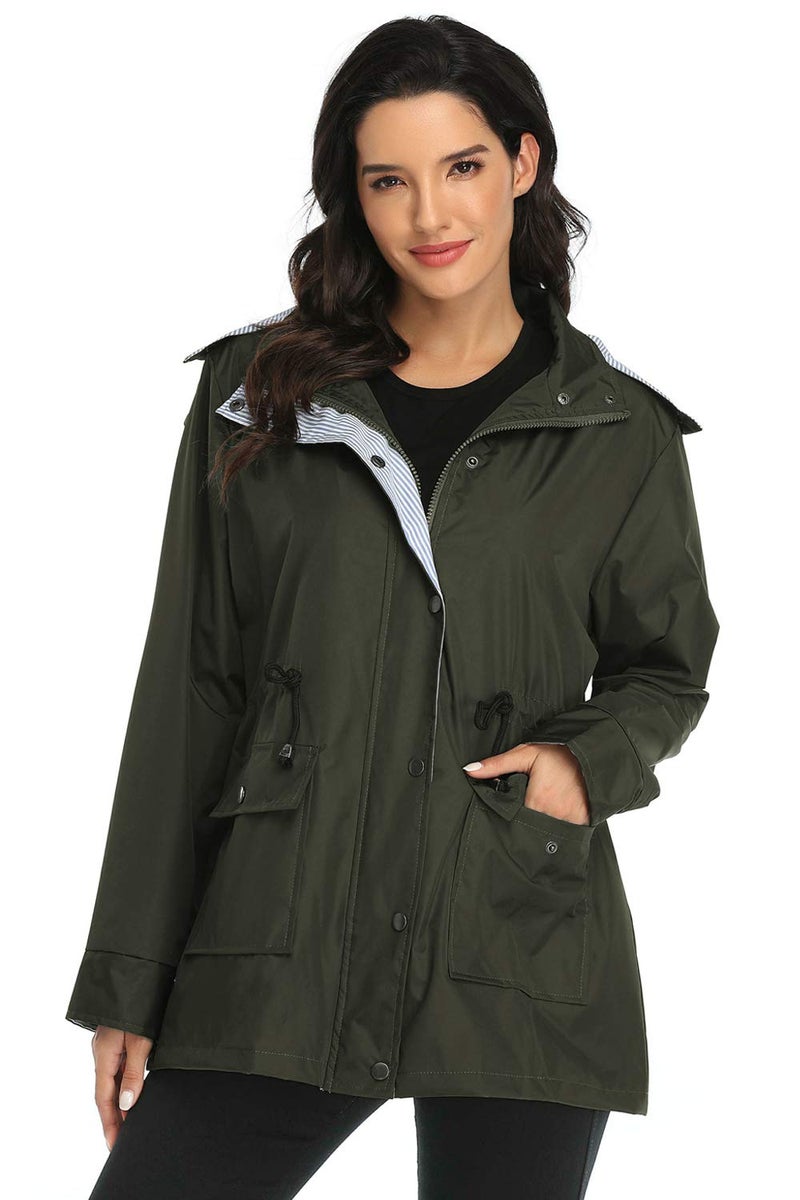 Arthas Women Light Rain Jacket Waterproof Active Outdoor Trench Raincoat with Hood Lightweight Plus Size for Girls (Army Green, S) - Image 4
